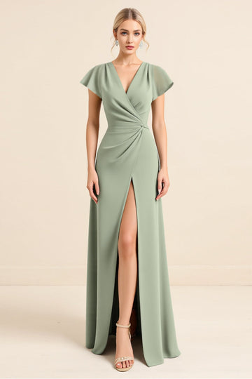 Matcha Sheath V-Neck Ruffle Sleeves Long Bridesmaid Dress with Slit